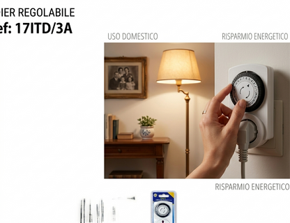 Timer Regolabile 24 Ore 230V Modello 17ITD/3A Controllo Temporale Preciso per Uso Domestico con Funzione di Timer Regolabile
