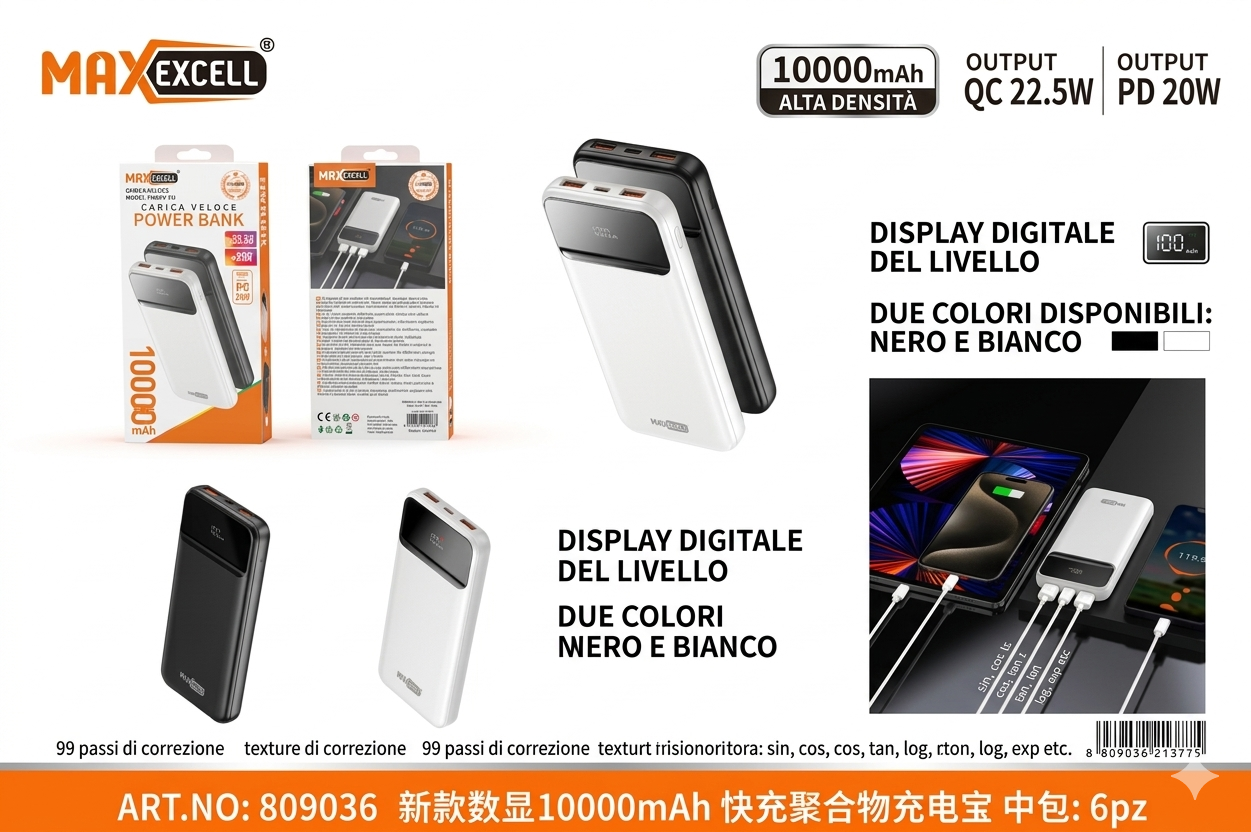 Power Bank 10000mAh - Caricatore Portatile Ricarica Rapida 22.5W, PD 20W con Display Digitale LCD, Batteria Esterna Sottile per iPhone, Samsung, Huawei - Nero/Bianco