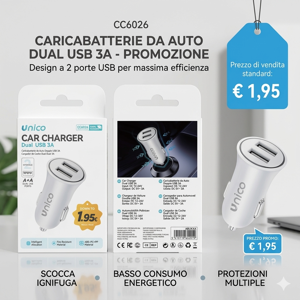 Unico CC6026 Caricabatterie Auto Dual USB 3A Rapido, Design 2 Porte, Ignifugo e Basso Consumo, Compatibilità Universale, Bianco - PROMOZIONE ORA €1,95