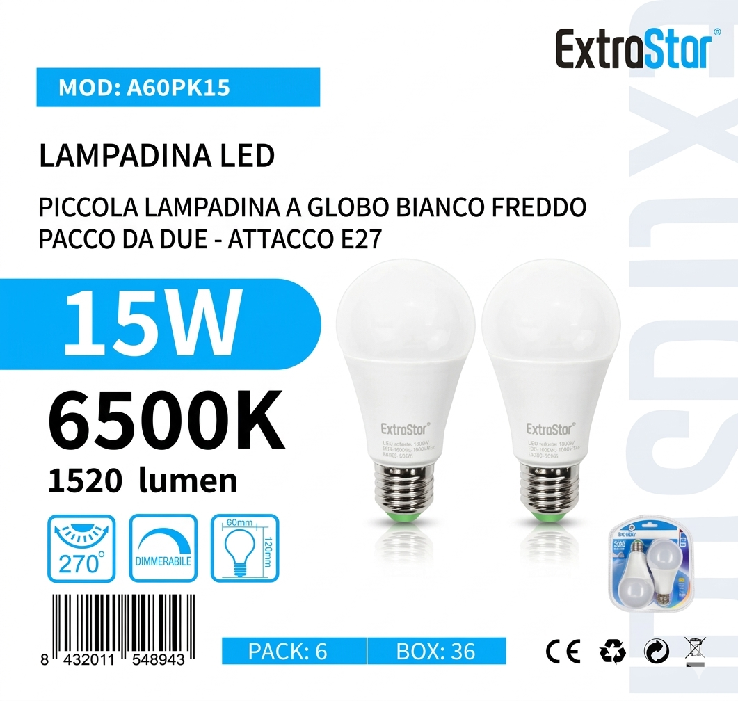 ExtraStar Lampadina LED E27 15W 2pz Luce FREDDA 6400K 1520 lumen Dimmerabile 270° A60PK15