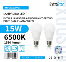 ExtraStar Lampadina LED E27 15W 2pz Luce FREDDA 6400K 1520 lumen Dimmerabile 270° A60PK15