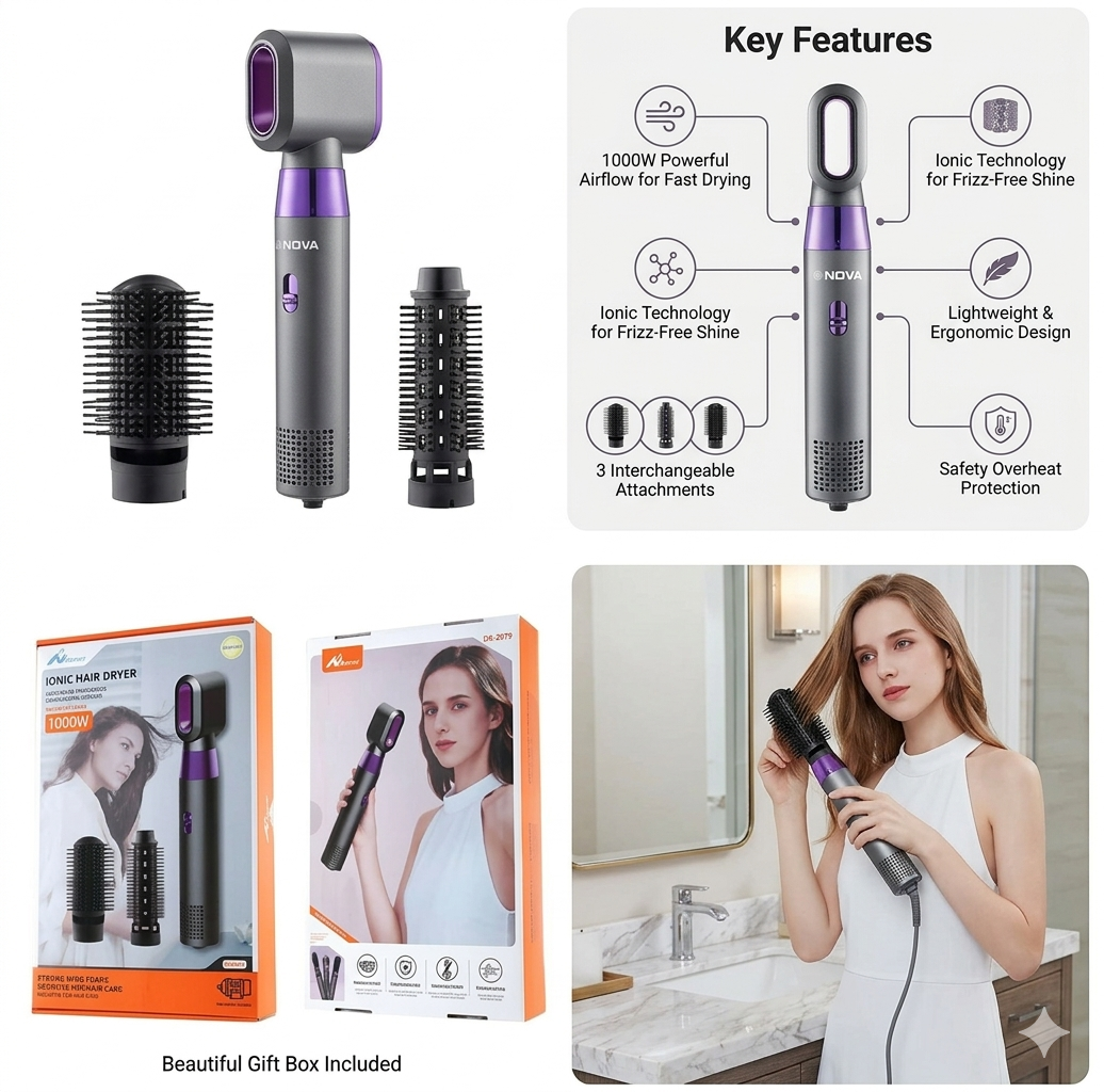Ionic 3-in-1 Hair Dryer, with 1800W High-Speed Performance, Includes Diffuser, Styling Options, Perfect for Bathroom Use