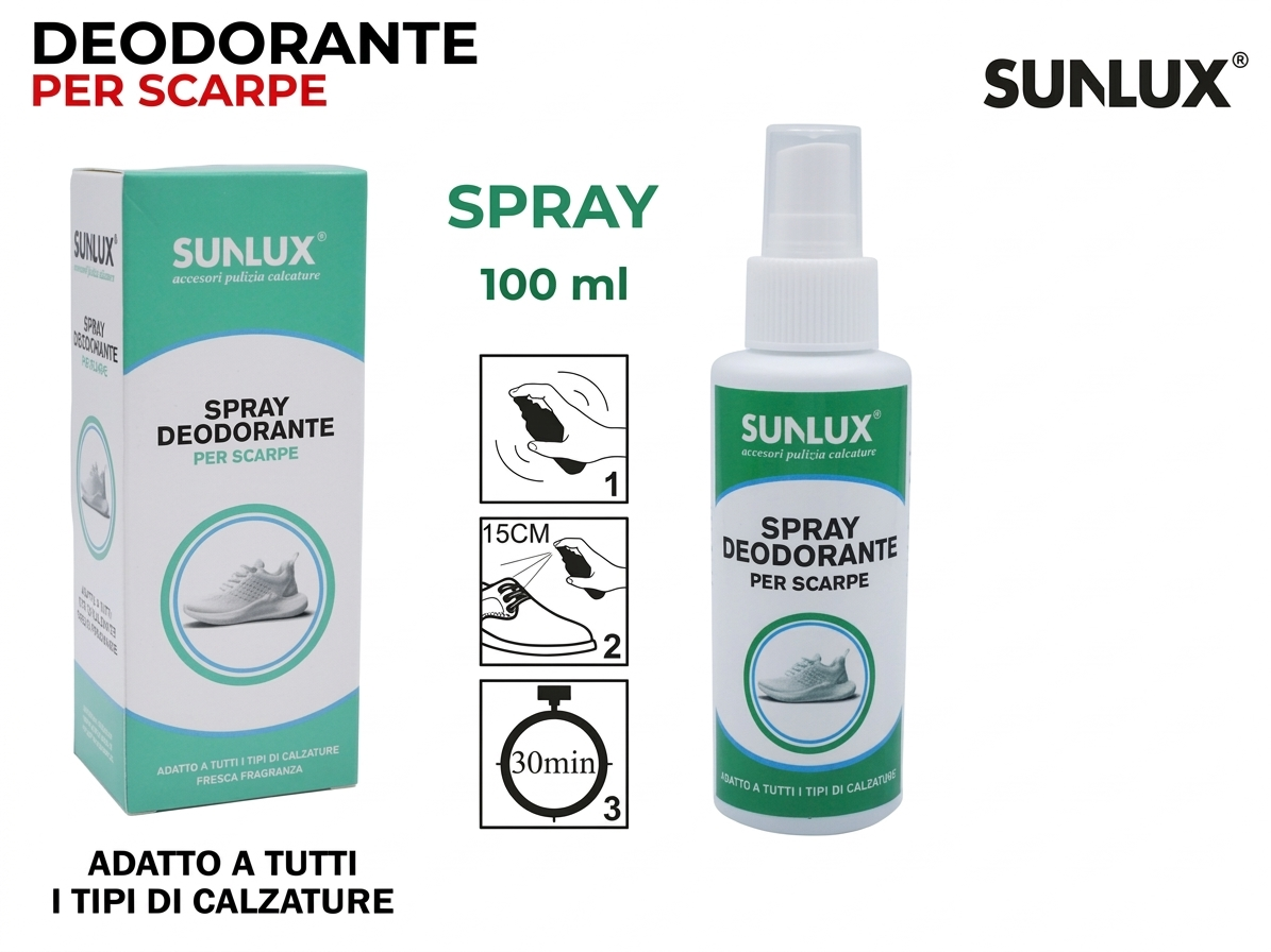 SUNLUX Spray Deodorante per Scarpe 100ml Adatto a Tutti i Tipi di Calzature Elimina Odori