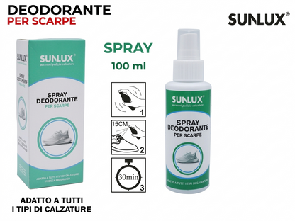 SUNLUX Spray Deodorante per Scarpe 100ml Adatto a Tutti i Tipi di Calzature Elimina Odori