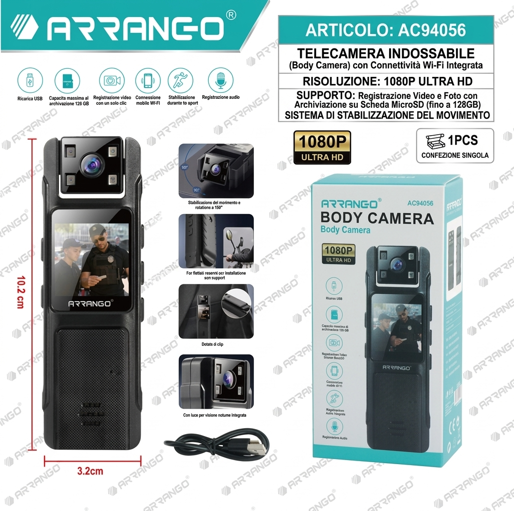 Telecamera Indossabile Portatile - Mini Action Cam 1080P per Sport, Moto e Ciclismo - Registratore Video Wi-Fi con Clip e Stabilizzazione Movimento