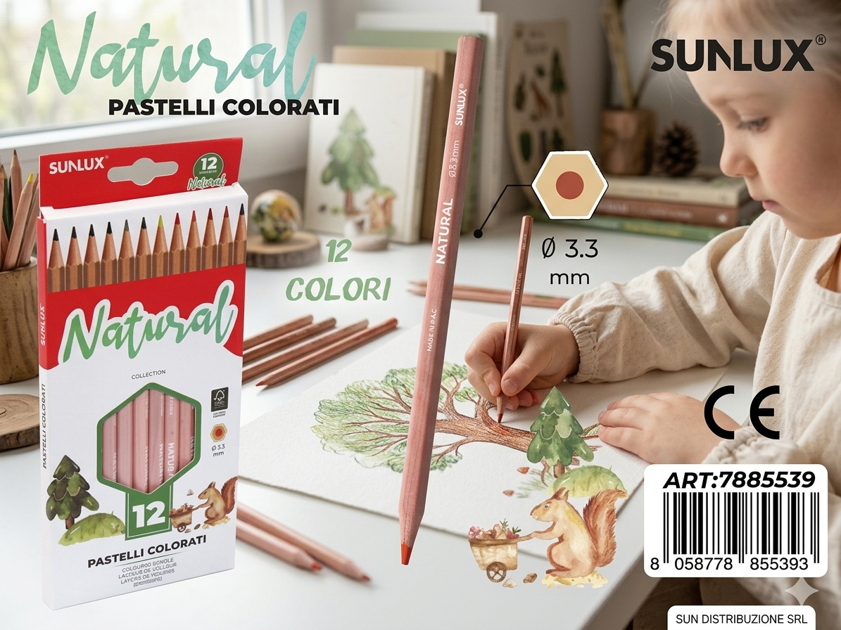 Pastelli Colorati Cancellabili, 12 Colori, natural, 3.3mm  Per Bambini/Scuola