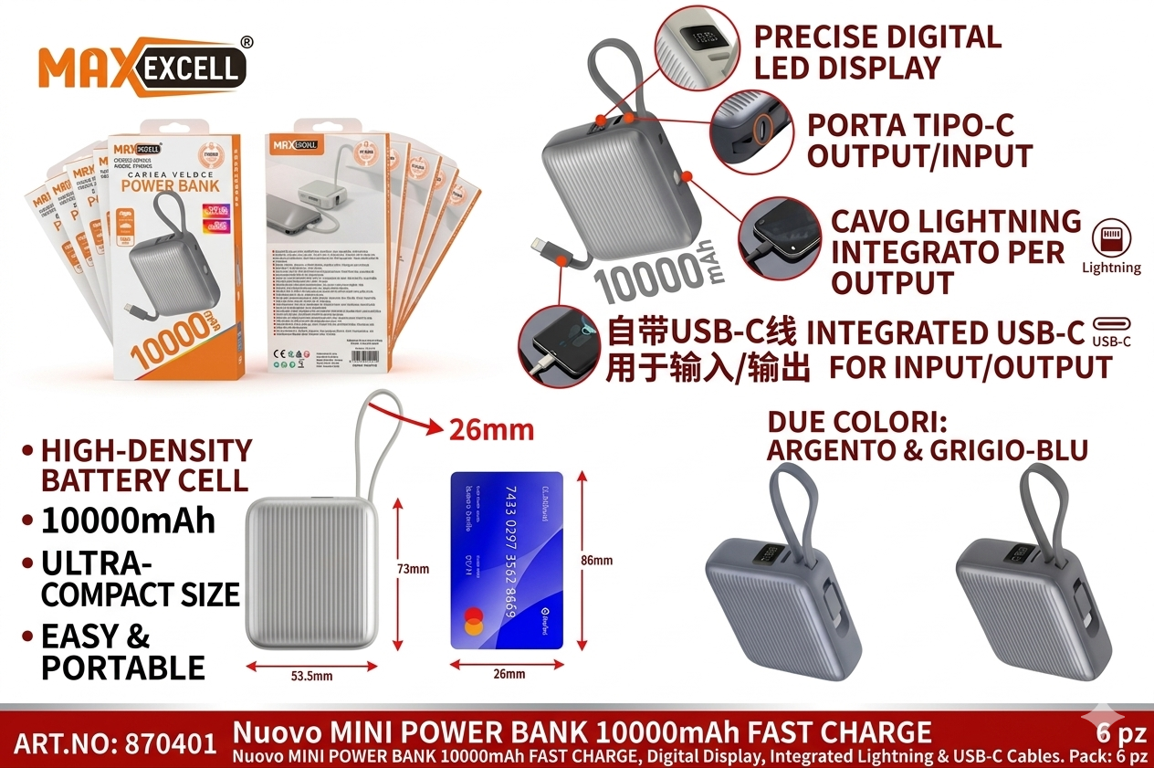 Power Bank 10000mAh Veloce - Mini Batteria Esterna Portatile per iPhone e Samsung - Caricabatterie con Cavo Tipo-C e Lightning Integrato - Design Compatto e Display Percentuale LED