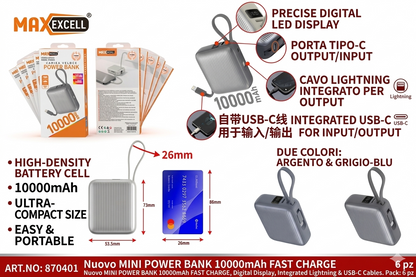 Power Bank 10000mAh Veloce - Mini Batteria Esterna Portatile per iPhone e Samsung - Caricabatterie con Cavo Tipo-C e Lightning Integrato - Design Compatto e Display Percentuale LED