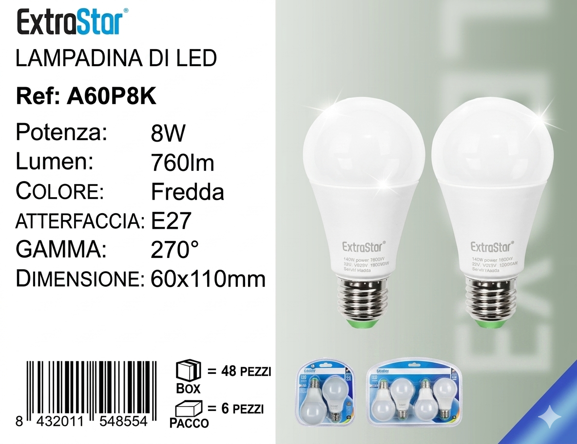 ExtraStar LED Bulb E27 A60 8W 2-Pack (60W Equivalent), 760 Lumens, Cool White Light, 270° Beam Angle, Energy Saving