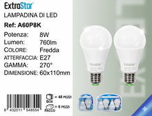 ExtraStar Lampadina LED E27 A60  8W  2PZ (Equivalente 60W), 760 Lumen, Luce Bianca Fredda, Fascio Luminoso 270°, Risparmio Energetico