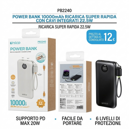 10000mAh Power Bank with Built-in Cables, 22.5W Fast Charging & 20W PD Max, LED Display, Compact and Portable Design, 6-Level Protection, White - SPECIAL OFFER €12.00