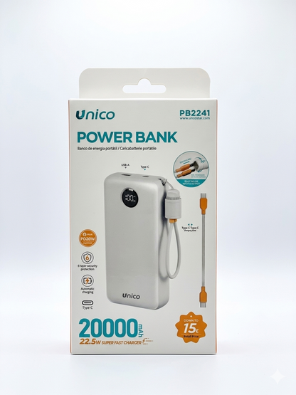 Power Bank Unico PB2241 20000mAh 22.5W Super Fast Charger - Ricarica Rapida PD20W, con Display LED, Protezione a 6 Strati e Cavo Integrato