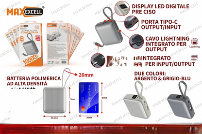 Power Bank 10000mAh Veloce - Mini Batteria Esterna Portatile per iPhone e Samsung - Caricabatterie con Cavo Tipo-C e Lightning Integrato - Design Compatto e Display Percentuale LED