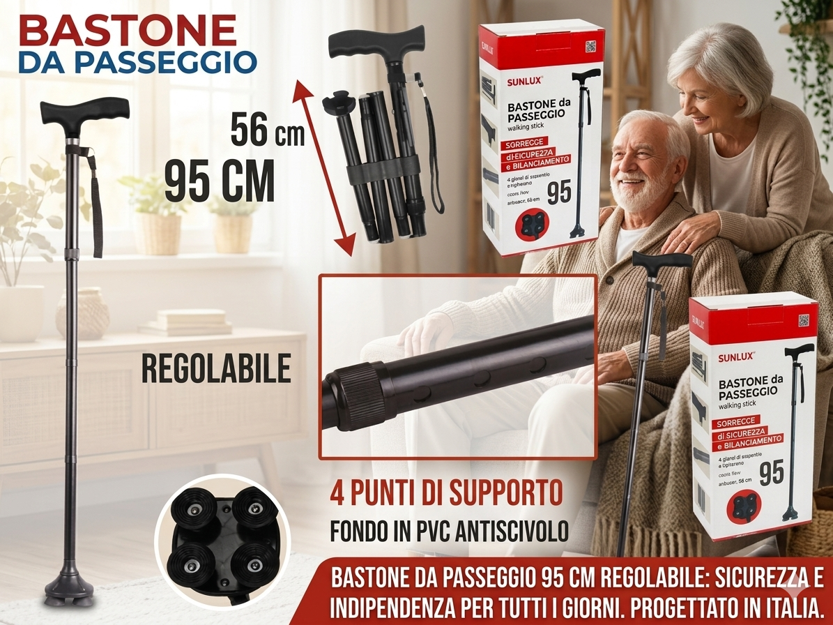 Sunlux Walking Stick 95cm Adjustable with 4 Support Points and Non-Slip PVC Base for Safety and Comfort