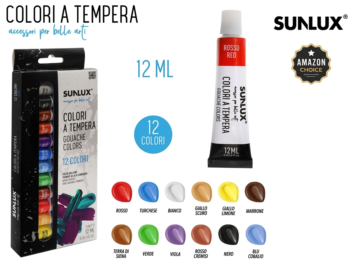SUNLUX Set di Colori a Tempera Professionali Lavabile 12 Tubetti da 12ml Ideali per Scuola Hobby e Belle Arti Alta Qualità e Copertura Eccellente