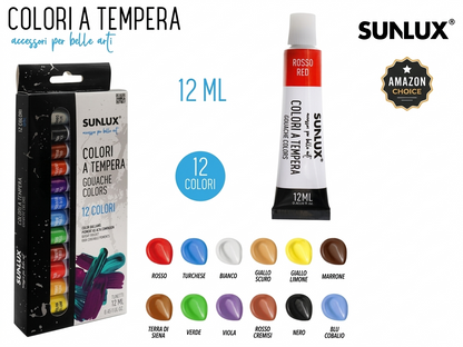 SUNLUX Set di Colori a Tempera Professionali Lavabile 12 Tubetti da 12ml Ideali per Scuola Hobby e Belle Arti Alta Qualità e Copertura Eccellente