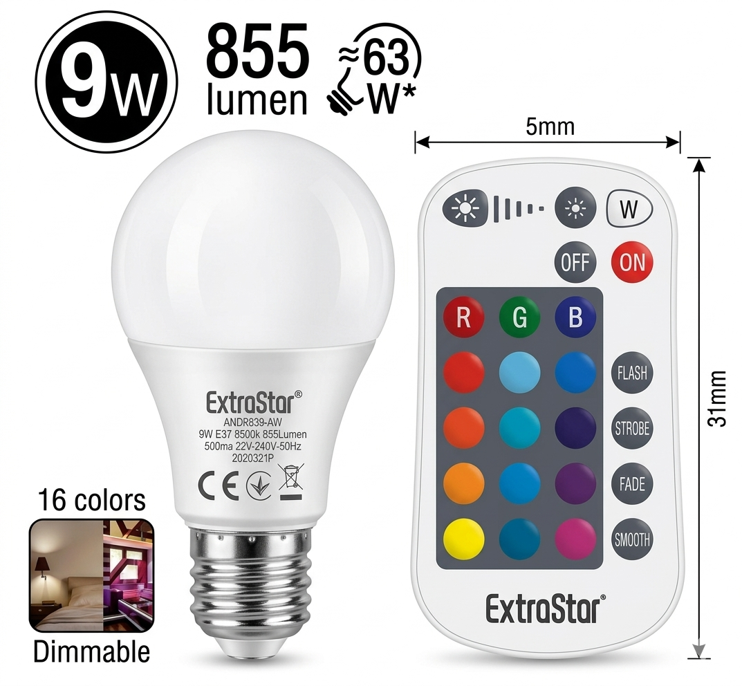 ExtraStar Lampadina LED RGB E27 9W con Telecomando 16 Colori Smart Multicolore