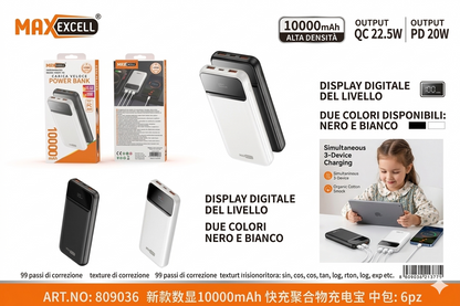 Power Bank 10000mAh - Caricatore Portatile Ricarica Rapida 22.5W, PD 20W con Display Digitale LCD, Batteria Esterna Sottile per iPhone, Samsung, Huawei - Nero/Bianco