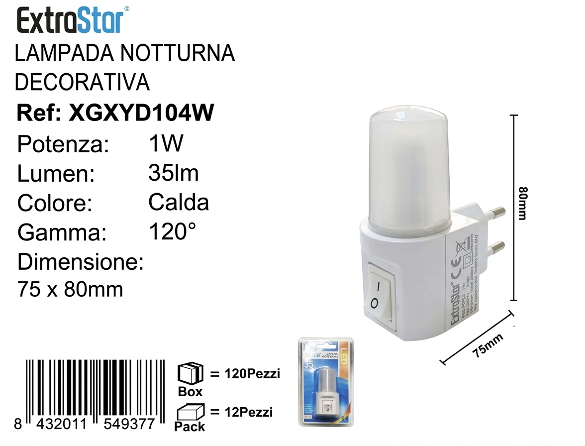 ExtraStar Lampada Notturana a LED 1W Ref:XGXYD104 Luminosità 35lm Colore Fredda Gamma 120° Ideale per Illuminazione Discreta Domestica
