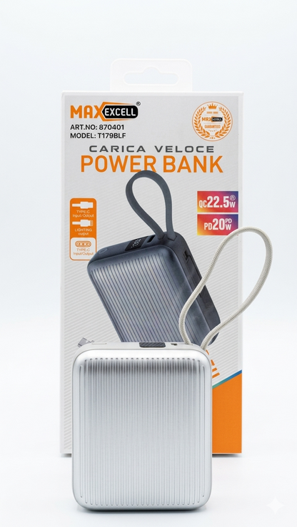 MAX EXCELL FAST CHARGE Power Bank 10000mAh 22.5W+PD 20W Fast Charging 50 Minutes Portable for Airplane with Digital Display and Built-in Lightning Cable