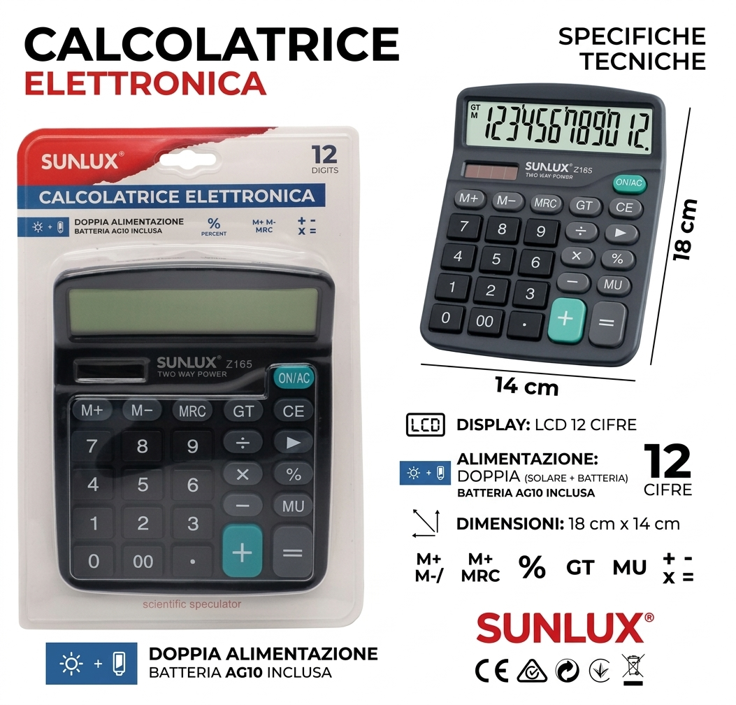 Calcolatrice da Tavolo 12 Cifre, Doppia Alimentazione (Solare e Batteria), Display Grande LCD, Tasti Grandi per Ufficio, Casa e Scuola