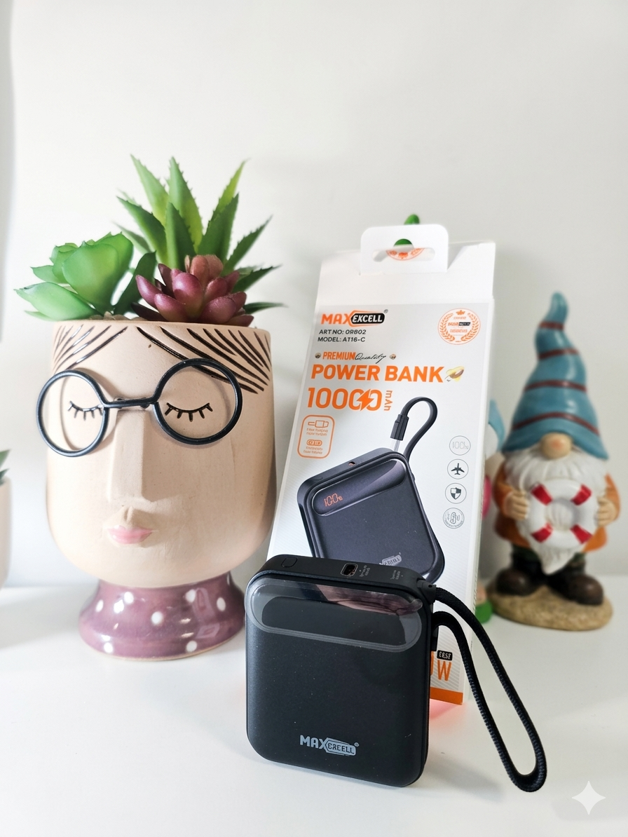 Max Excell Mini Power Bank 10000mAh Fast Charging Portable Pocket with PD 20W Quick Charge LED Display for iPhone and Android Type-C and Lightning Cable