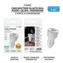 Caricabatterie Auto USB C 20W PD & USB A 18W Quick Charge, Adattatore Auto Doppia Porta, Ricarica Rapida per iPhone e Android, Materiale Ignifugo, Bianco