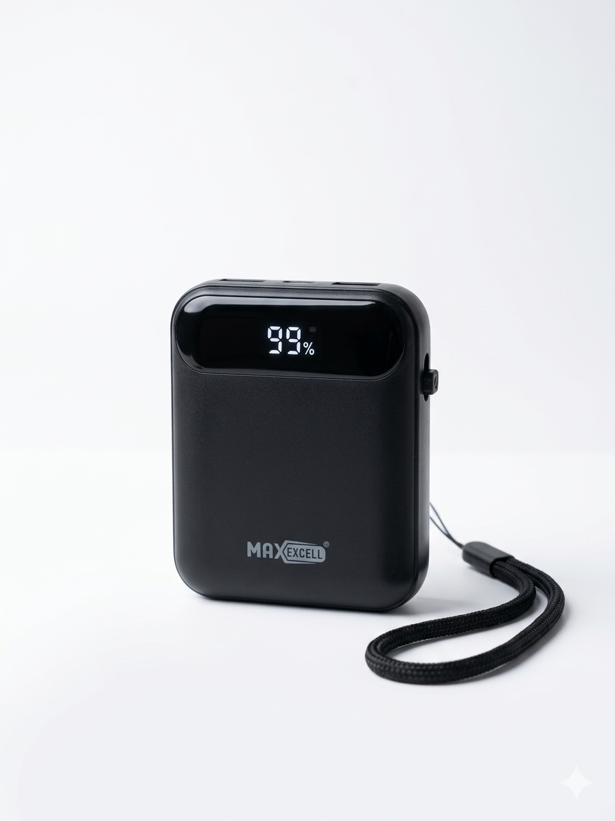Max Excell Mini Power Bank 10000mAh Fast Charging Portable Pocket with PD 20W Quick Charge LED Display for iPhone and Android Type-C and Lightning Cable