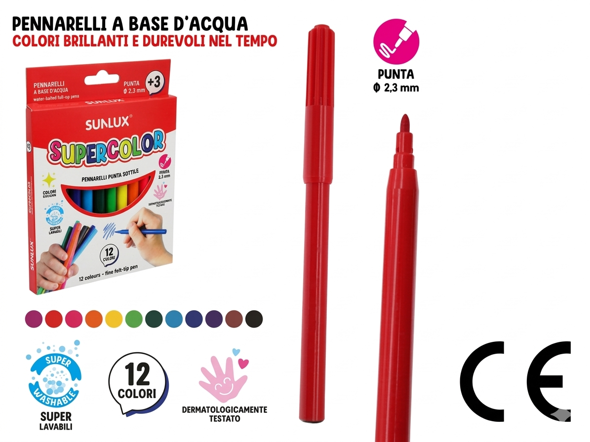 Sunlux Set di 12 Pennarelli Supercolor a Punta Sottile 2,3 mm - Lavabili e Sicuri per Scuola e Tempo Libero