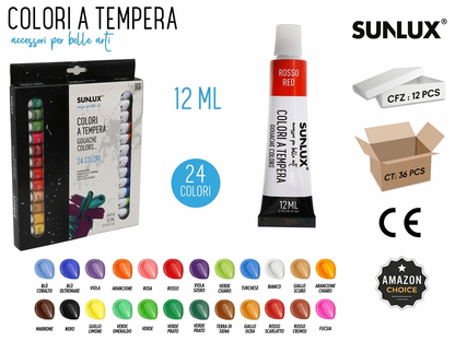 SUNLUX Set di Colori a Tempera Professionali Lavabile 24 Tubetti da 12ml Ideali per Scuola Hobby e Belle Arti Alta Qualità e Copertura Eccellente