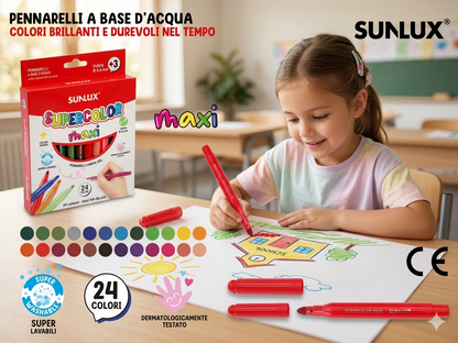 Sunlux Set di 24 Pennarelli maxi Supercolor a Punta Sottile 4.4 mm Lavabili e Sicuri per Scuola e Tempo Libero 24Colori maxiI
