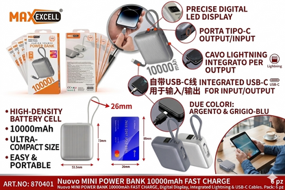 Power Bank 10000mAh Veloce - Mini Batteria Esterna Portatile per iPhone e Samsung - Caricabatterie con Cavo Tipo-C e Lightning Integrato - Design Compatto e Display Percentuale LED