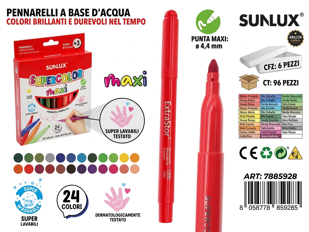 Sunlux Set di 24 Pennarelli maxi Supercolor a Punta Sottile 4.4 mm Lavabili e Sicuri per Scuola e Tempo Libero 24Colori maxiI