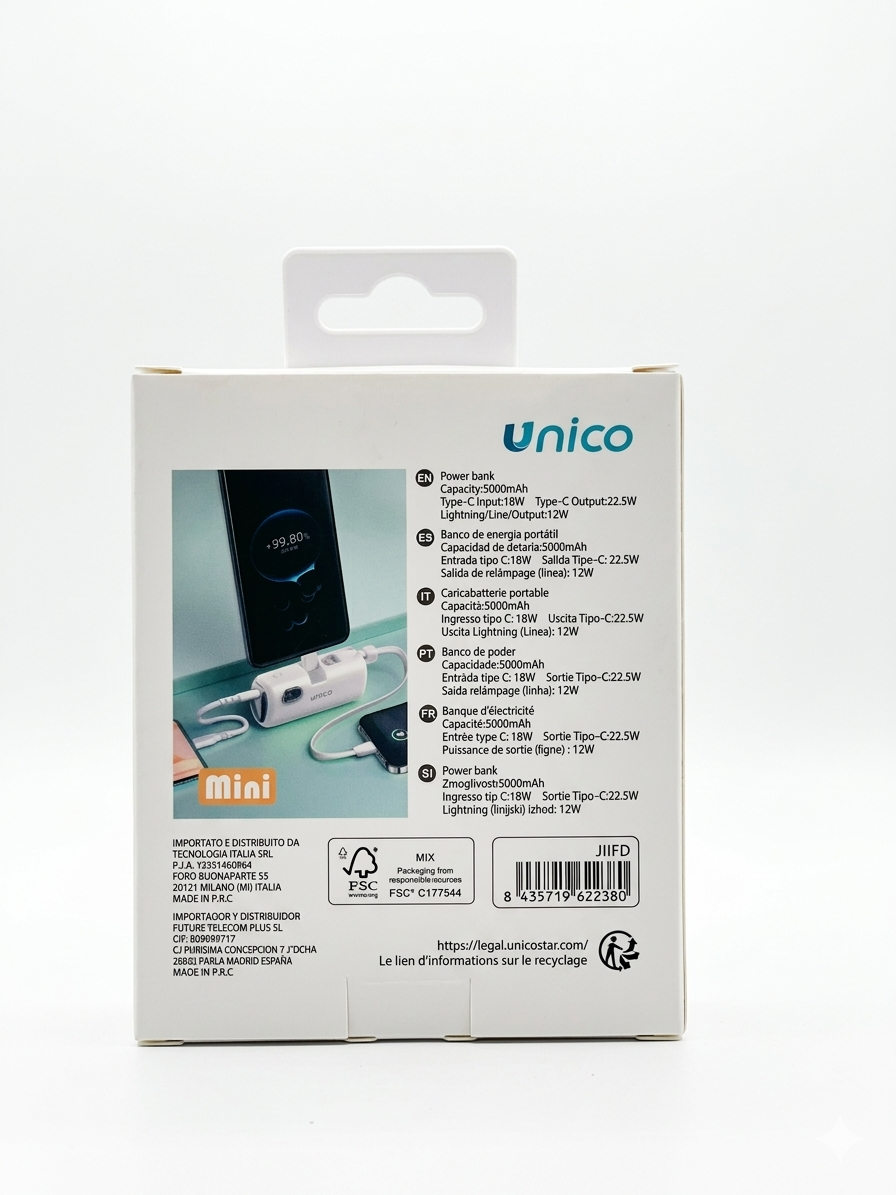 Unico Power Bank Mini 5000mAh 22.5W Carica Veloce Senza Cavi Ingombranti Ideale per Zaino o Borsa Praticità e Convenienza