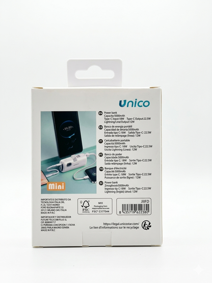 Unico Power Bank Mini 5000mAh 22.5W Carica Veloce Senza Cavi Ingombranti Ideale per Zaino o Borsa Praticità e Convenienza