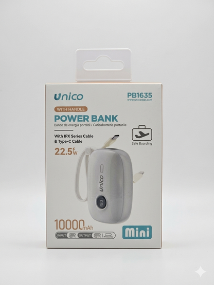 Unico Power Bank 10000mAh con Cavi Integrati Ricarica Rapida 22.5W Portatile e Compatto per Dispositivi Mobili