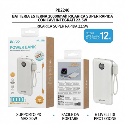 10000mAh Power Bank with Built-in Cables, 22.5W Fast Charging & 20W PD Max, LED Display, Compact and Portable Design, 6-Level Protection, White - SPECIAL OFFER €12.00