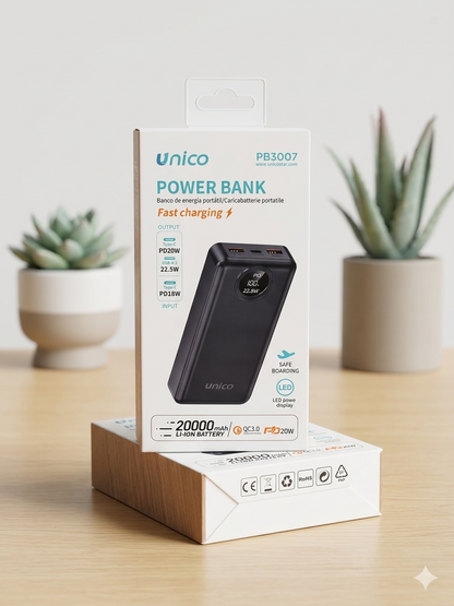 Unico Power Bank 20000mAh PB3007 Ricarica Rapida PD 22.5W con Display LED e Cavo Integrato Caricabatterie Portatile Super Veloce