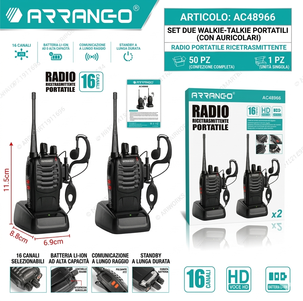 Set 2 Walkie-Talkie Professionali Ricaricabili - Ricetrasmittenti 16 Canali con Auricolari e Base di Ricarica - Lunga Portata e Voce HD - ARRANGE