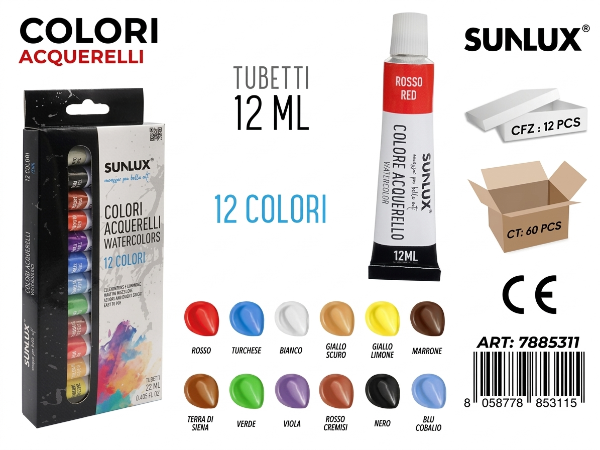 Set di Colori Acquerelli Professionali Lavabile 12 Tubetti da 12ml Ideali per Scuola Hobby e Belle Arti Alta Qualità e Copertura Eccellente