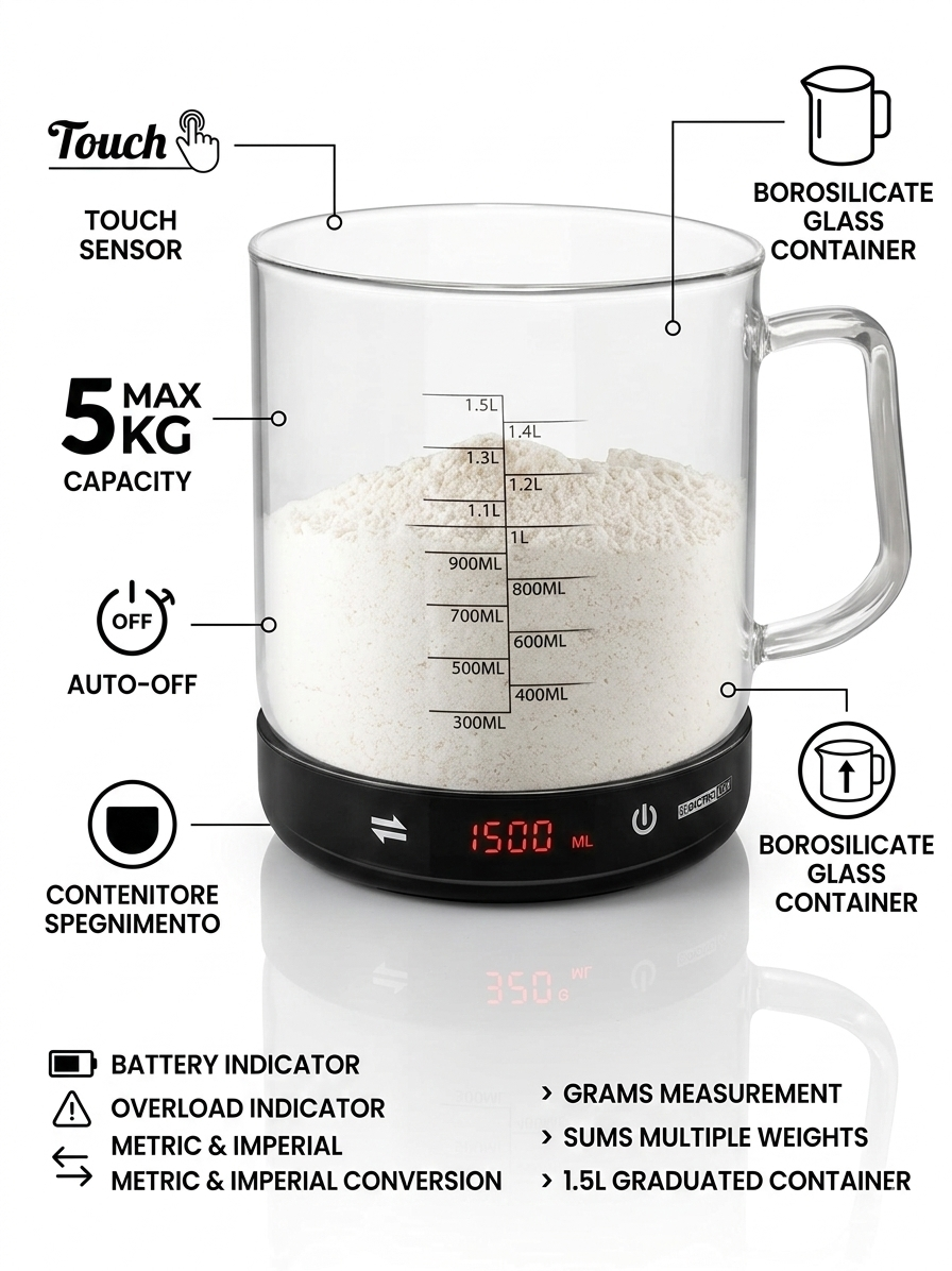 Bilancia digitale da cucina 5 kg in vetro borosilicato