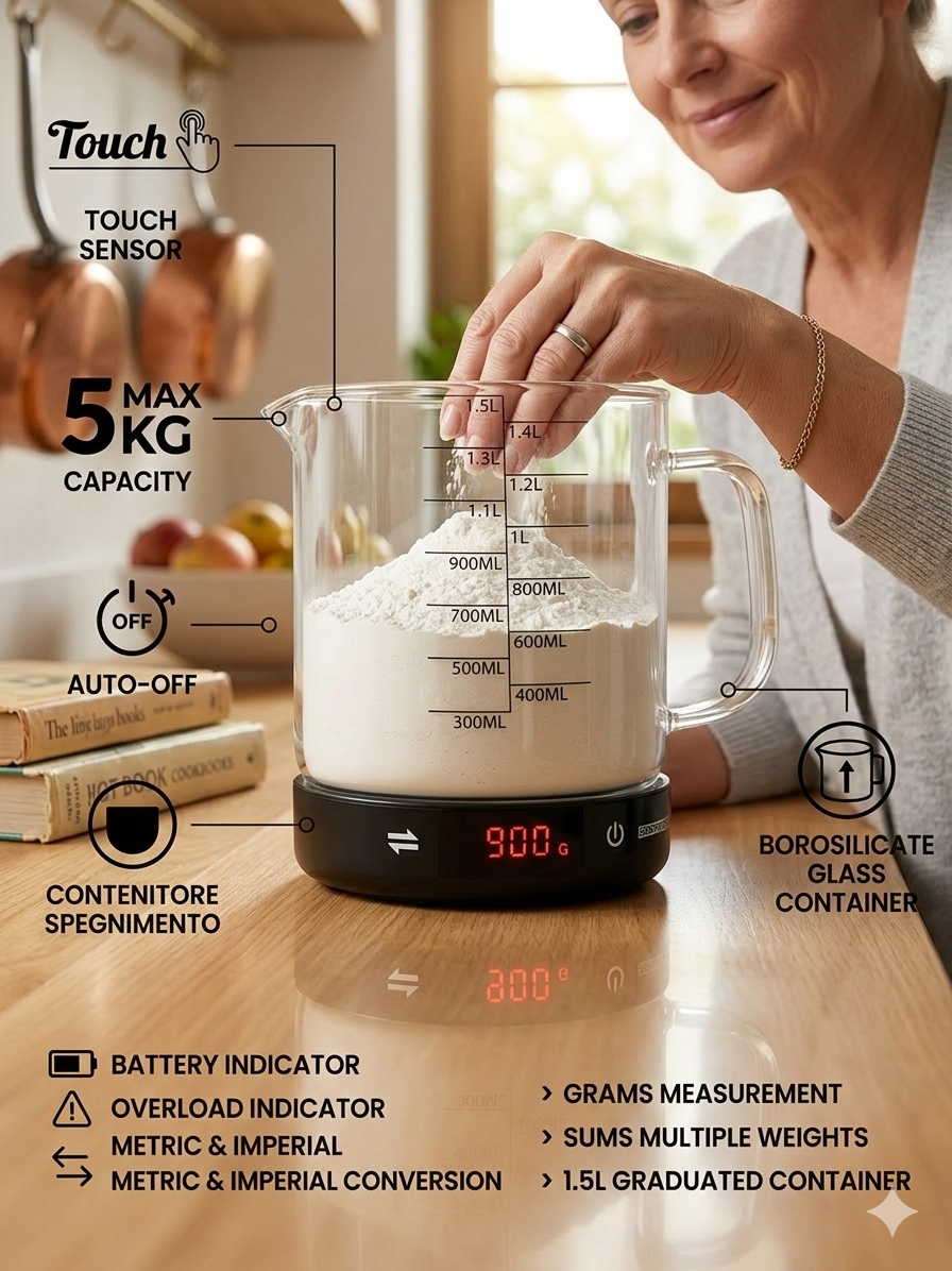 Bilancia digitale da cucina 5 kg in vetro borosilicato