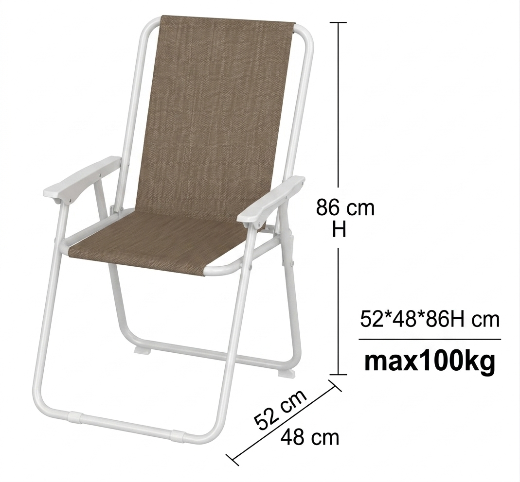 Sedia da Mare Pieghevole con Braccioli - Struttura in Metallo Bianco e Tessuto Marrone - Dimensioni: 52x48x86H cm - Capacità Massima: 100 kg - Sedia da Campeggio e Giardino Leggera e Portatile