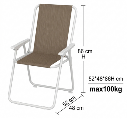 Sedia da Mare Pieghevole con Braccioli - Struttura in Metallo Bianco e Tessuto Marrone - Dimensioni: 52x48x86H cm - Capacità Massima: 100 kg - Sedia da Campeggio e Giardino Leggera e Portatile