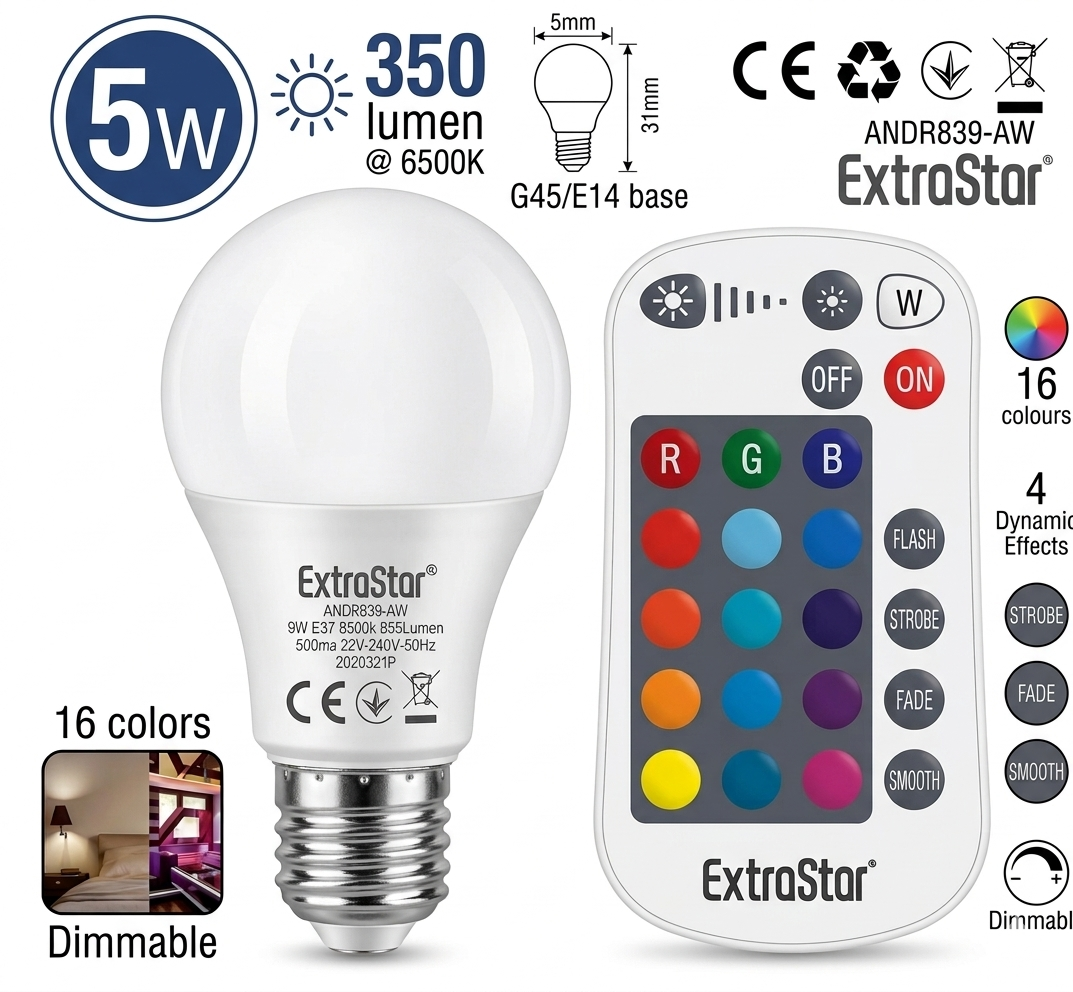 ExtraStar Lampadina LED RGB E14 4.8W con Telecomando 16 Colori G45RGBB 490 Lumen Smart Multicolore