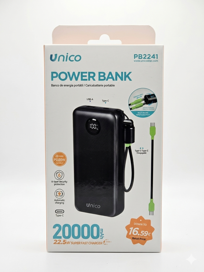 Power Bank Unico PB2241 20000mAh 22.5W Super Fast Charger - Ricarica Rapida PD20W, con Display LED, Protezione a 6 Strati e Cavo Integrato