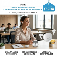Auricolari In-Ear TWS con Cancellazione Attiva del Rumore (ANC + ENC) -30dB, Batteria Potente 300mAh, Confezione Promozionale con Cavo 0.3m A-C Incluso, Suono Eccellente, Bianco