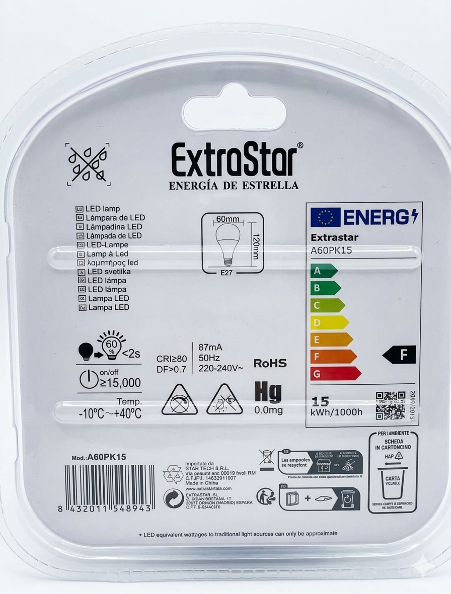 ExtraStar Lampadina LED E27 13W 2pz Luce Fredda 6400K Dimmerabile 270° A60P13 1350lm 60x118mm