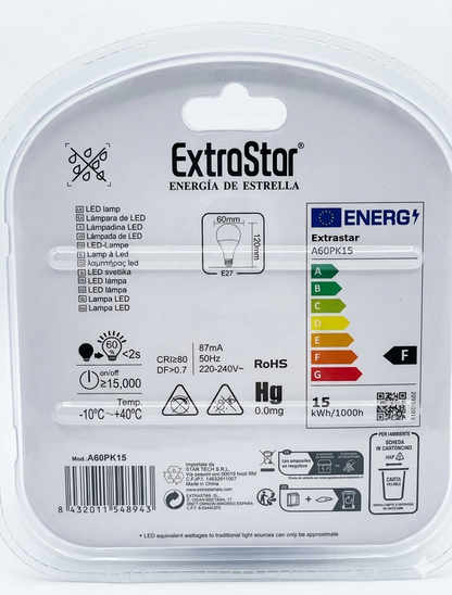 ExtraStar Lampadina LED E27 13W 2pz Luce Fredda 6400K Dimmerabile 270° A60P13 1350lm 60x118mm