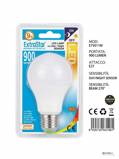 ExtraStar Lampadina LED E27 9W giorno-notte auto Sensore di Luce CALDA 900 Lumen 3000K Luce CALDA Max 5m